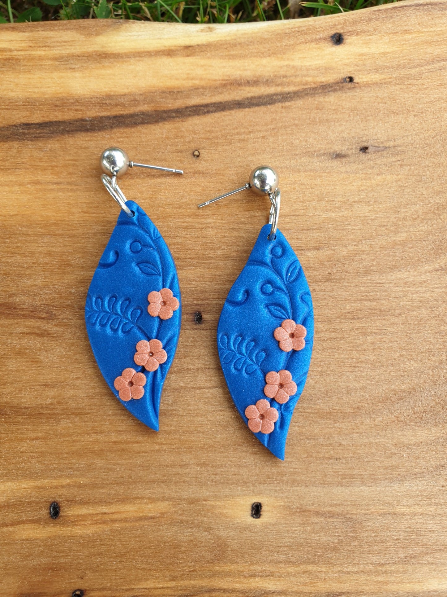 Earring dangles - deep blue shimmer leaves