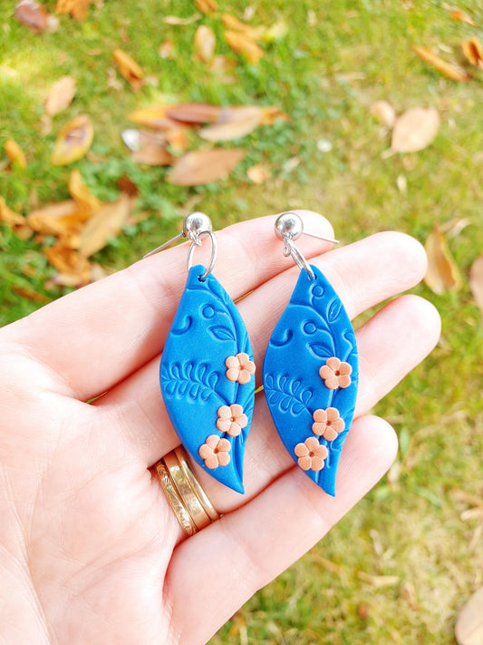 Earring dangles - deep blue shimmer leaves