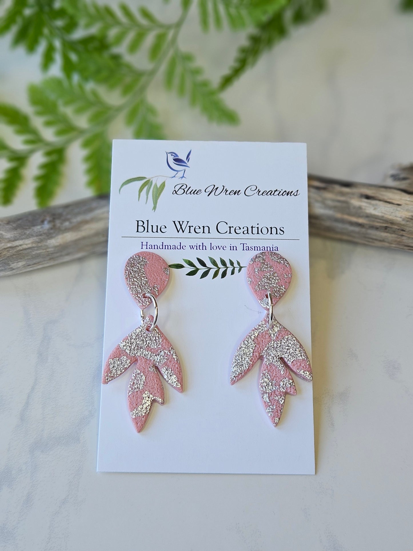 Earring dangles - pink sparkle leaves