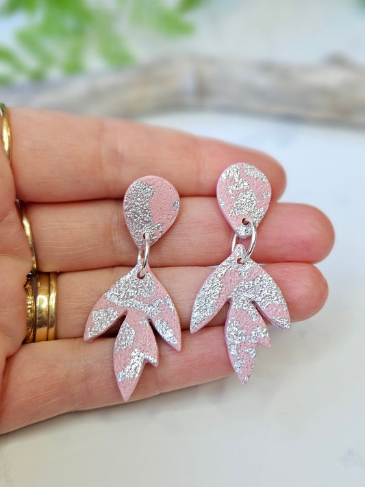 Earring dangles - pink sparkle leaves
