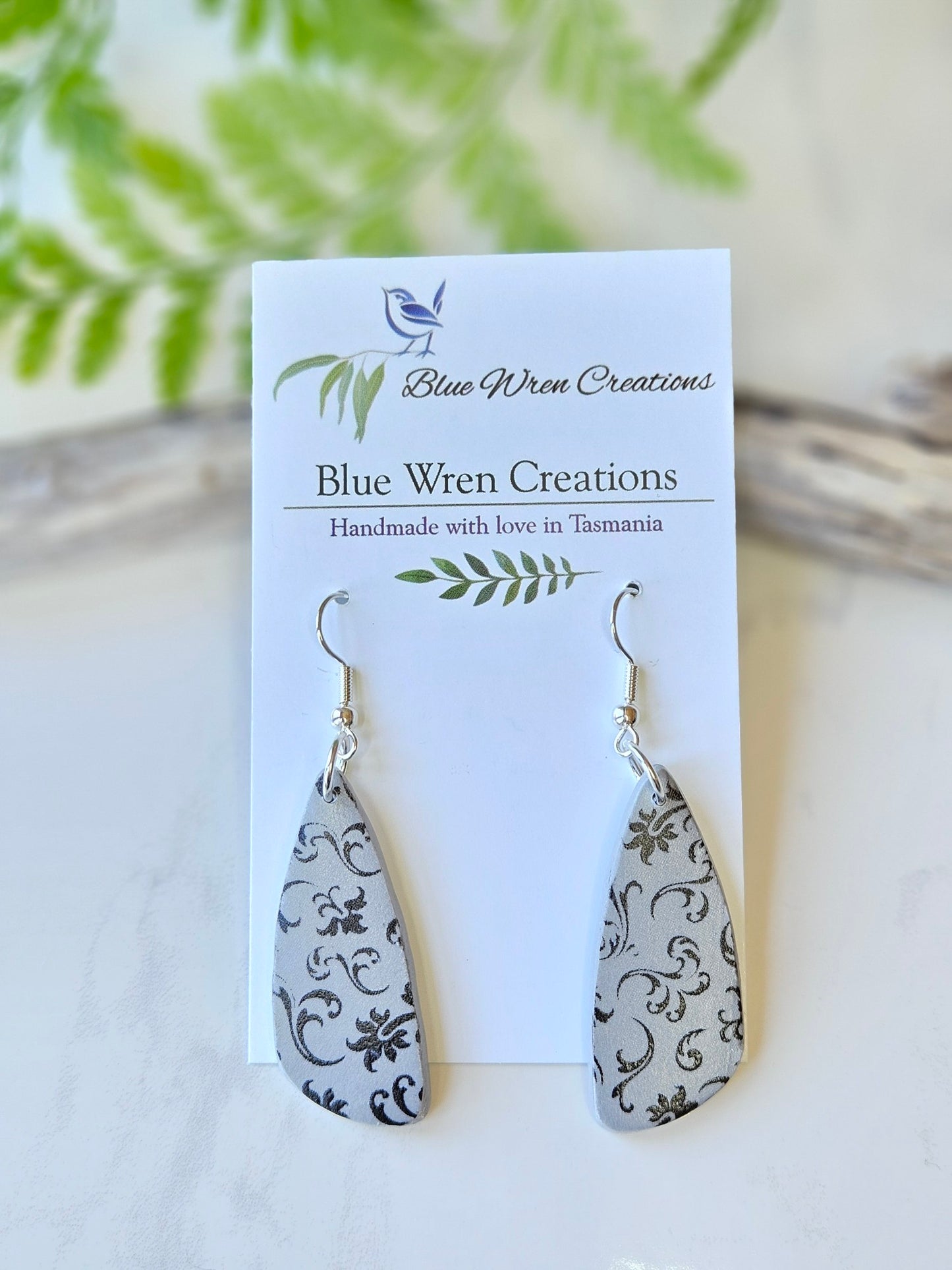 Earring dangles - grey floral drops