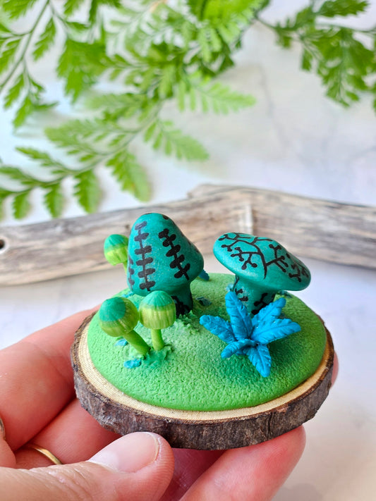 Mushroom forest fungi & fern sculpture - green mushrooms with black painted details