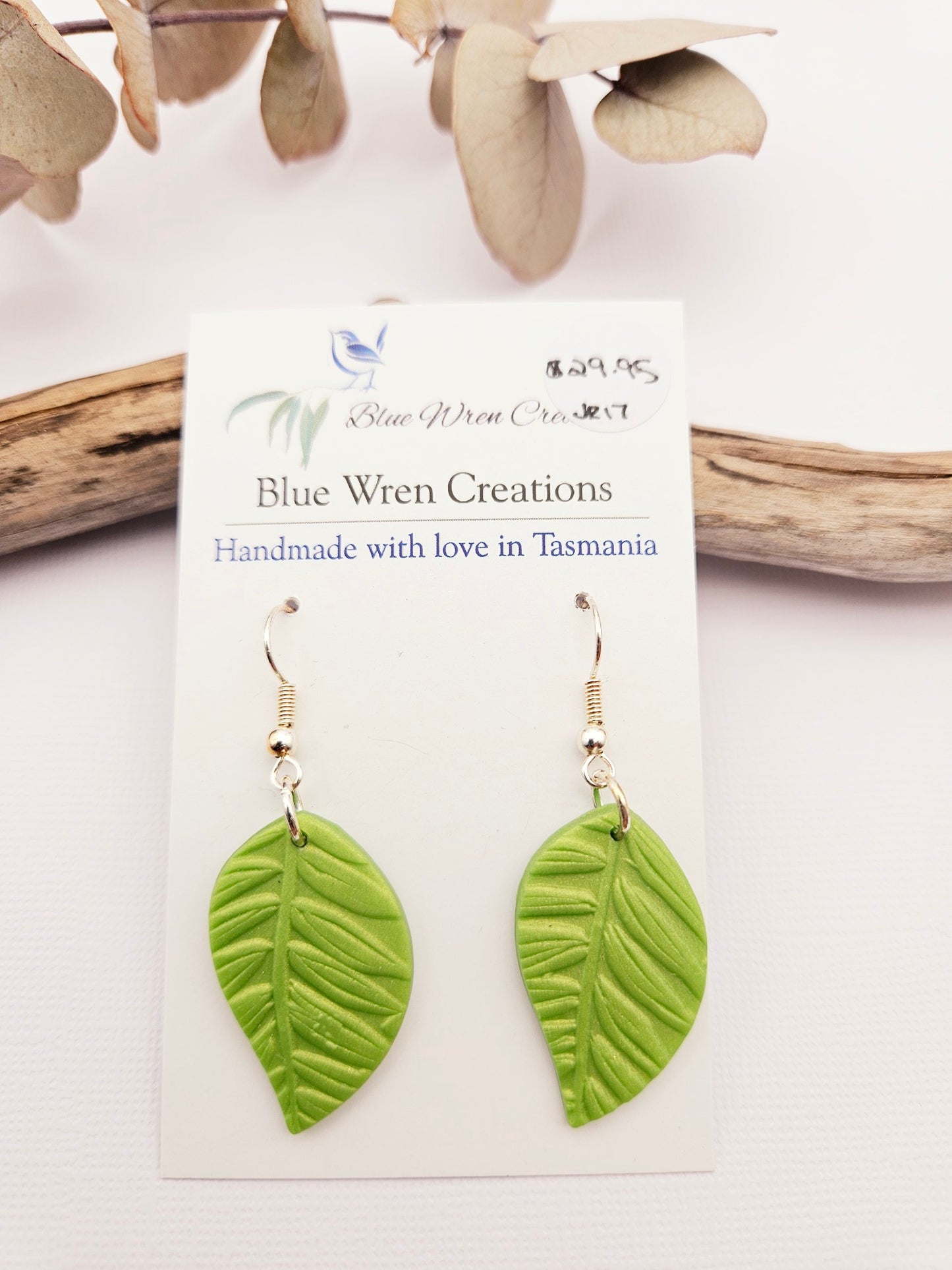 Earring dangles - embossed green leaves