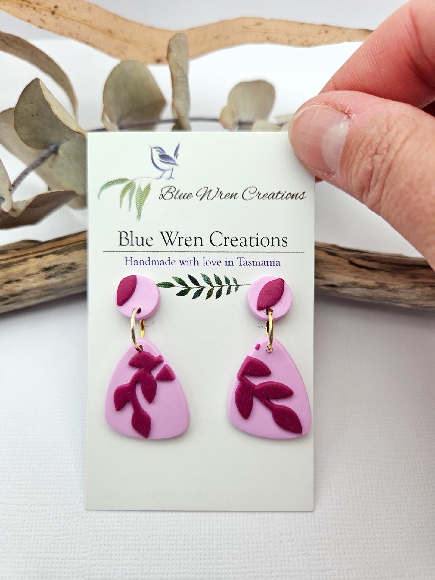 Earring dangles - pink & purple vines