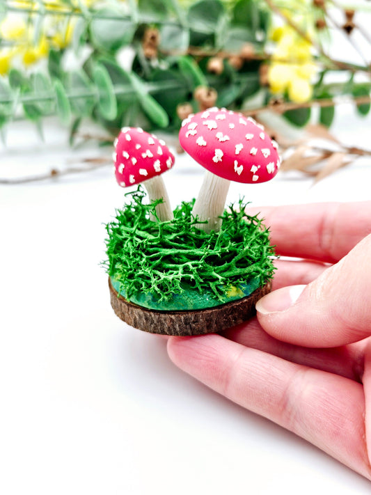Mushroom pair - amanitas with real moss sculpture