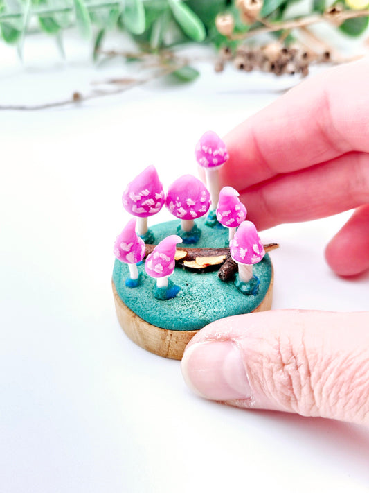 Purple whimsical Mushroom miniature forest fungi sculpture