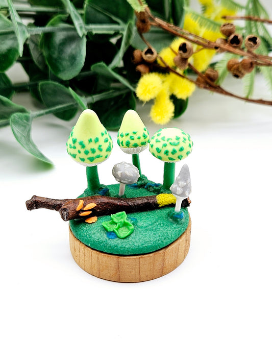 Whimsical Mushroom miniature forest fungi scene