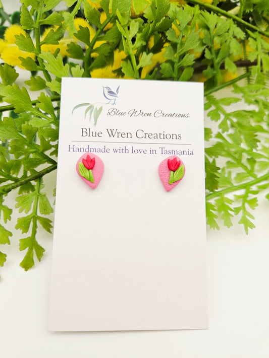 Earring studs - red tulips on pink