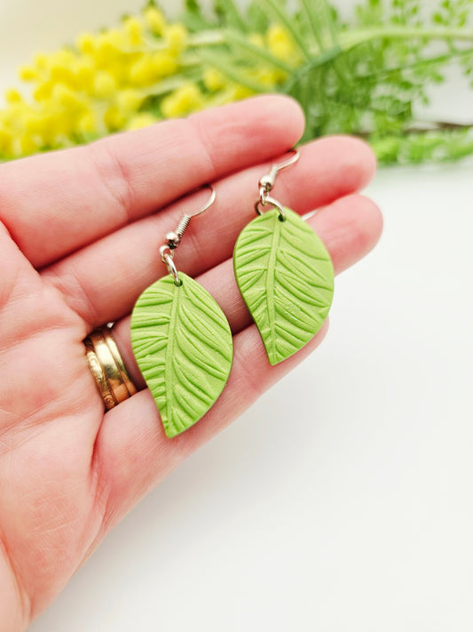 Earring dangles - embossed green leaves