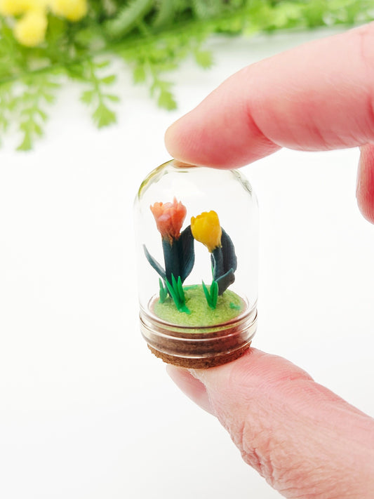 Tiny tulips with glass cover - yellow & orange