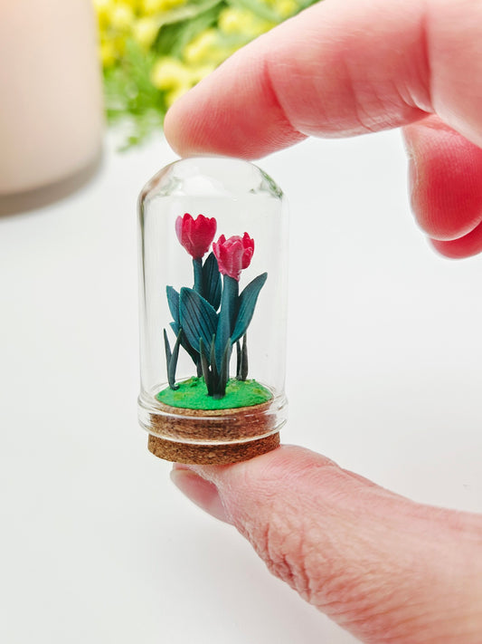 Tiny tulips with glass cover - red & red/white