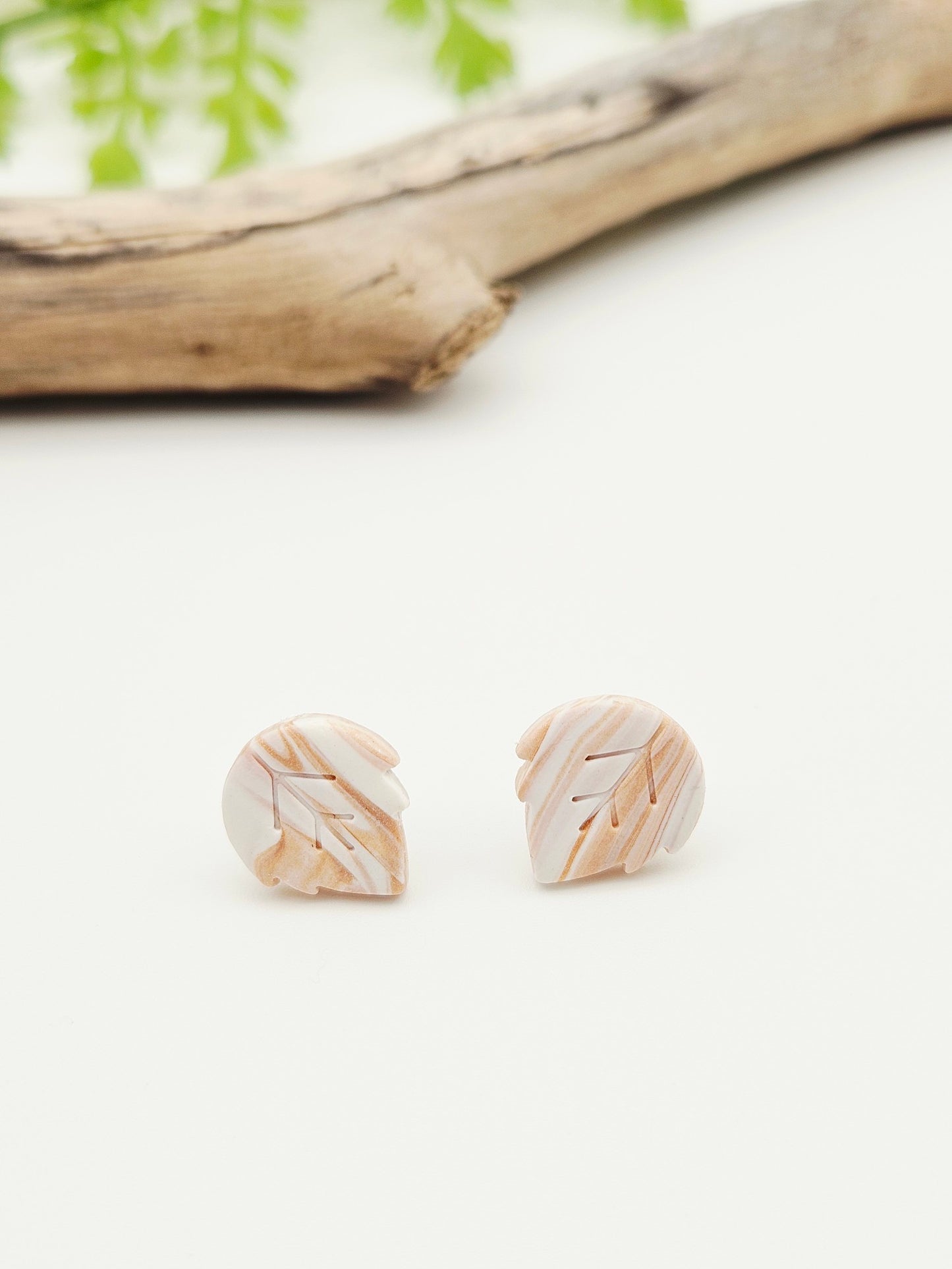 Earring studs - copper & white leaves