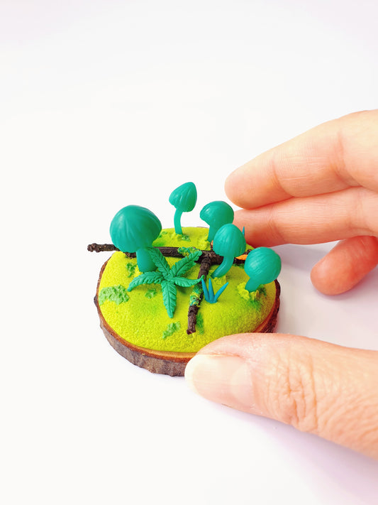 Mushroom fungi & fern sculpture - green translucent with real wood