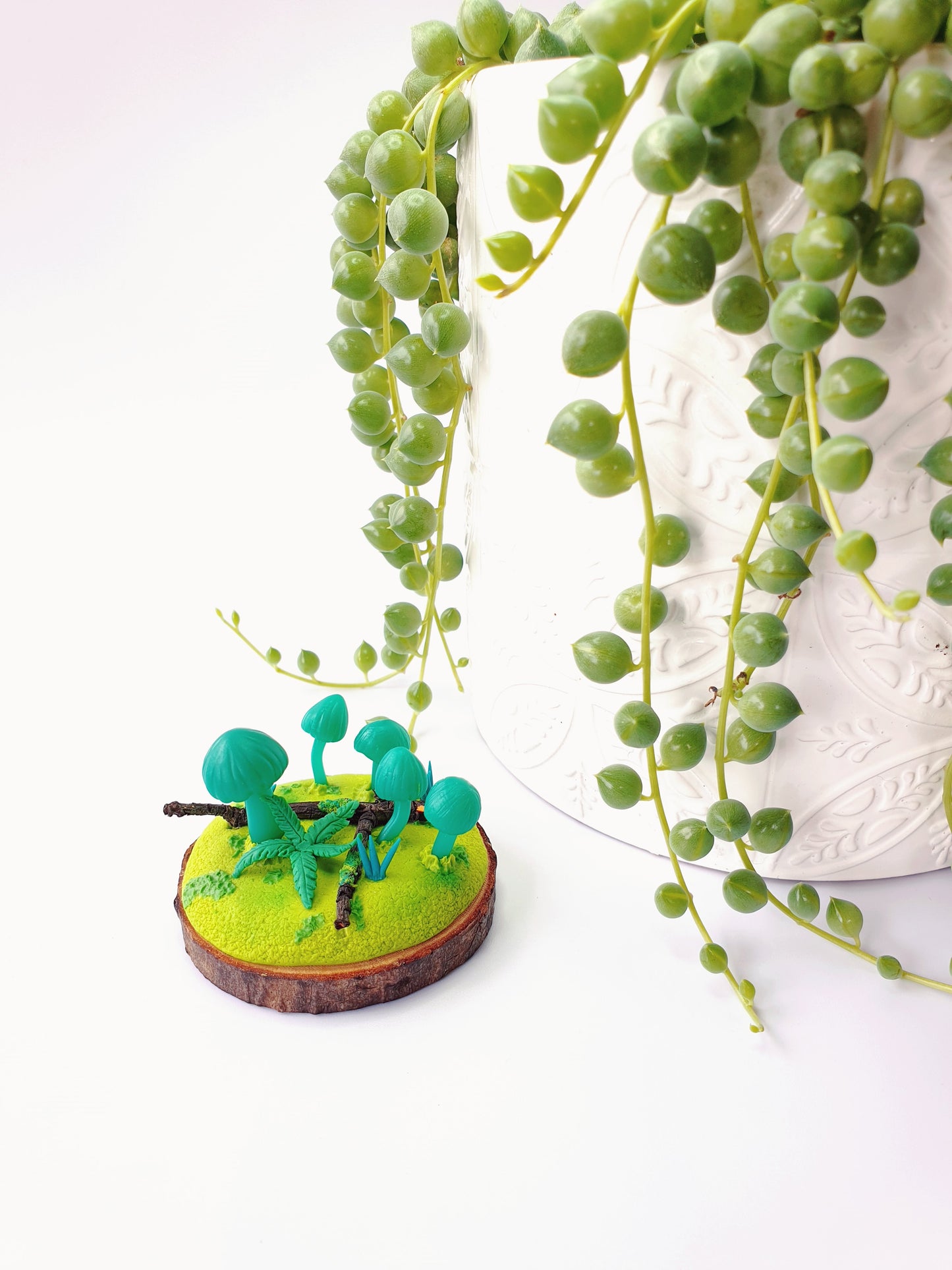 Mushroom fungi & fern sculpture - green translucent with real wood