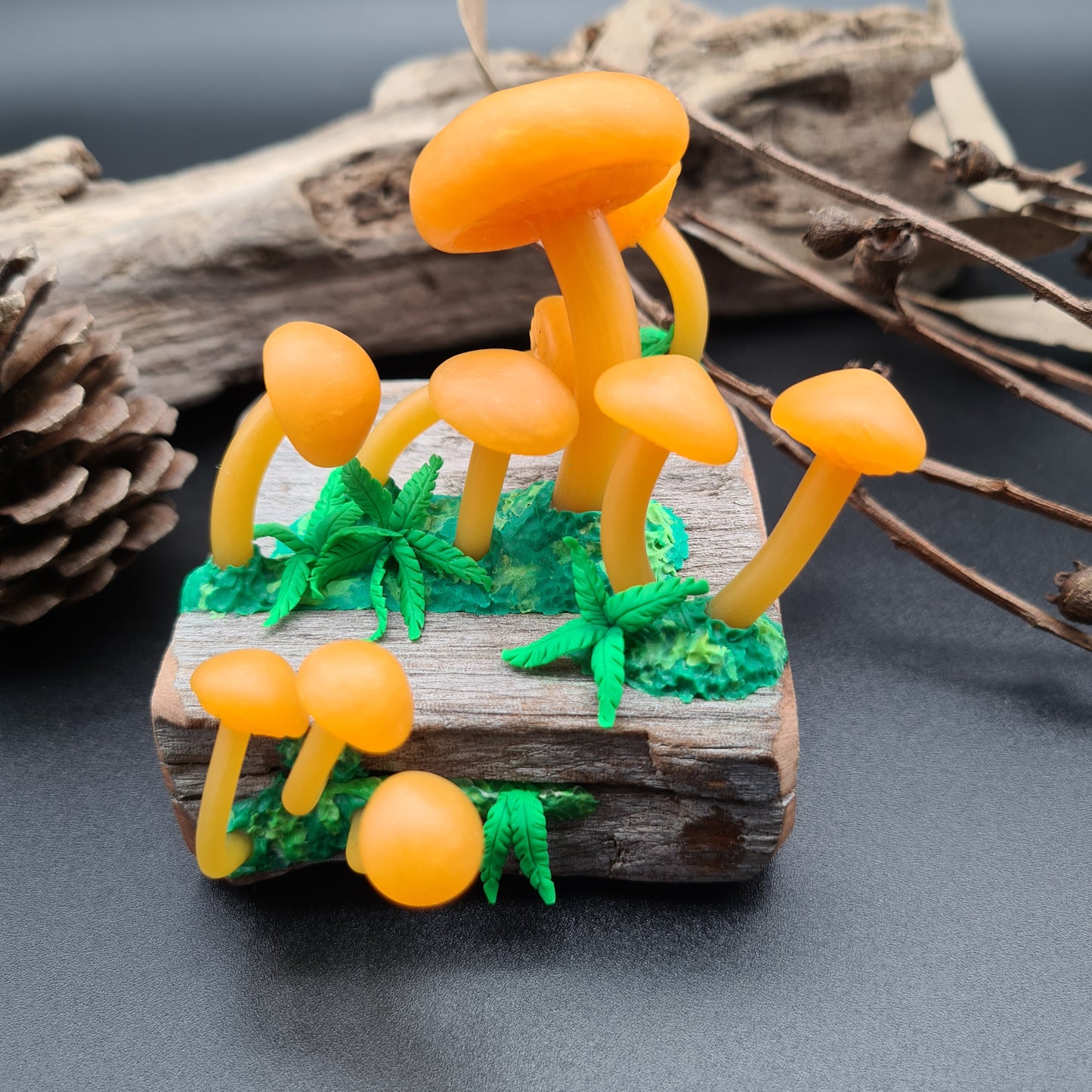 Mushrooms, ferns & moss log sculpture