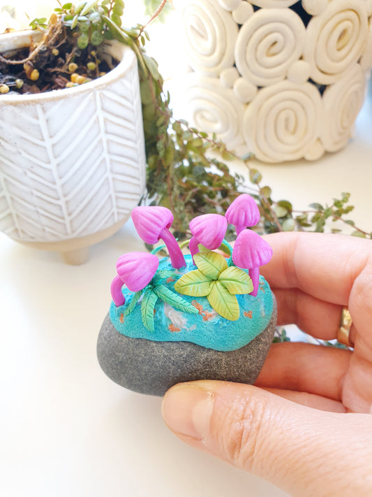 Mushroom & fungi rock sculpture - purple shimmer