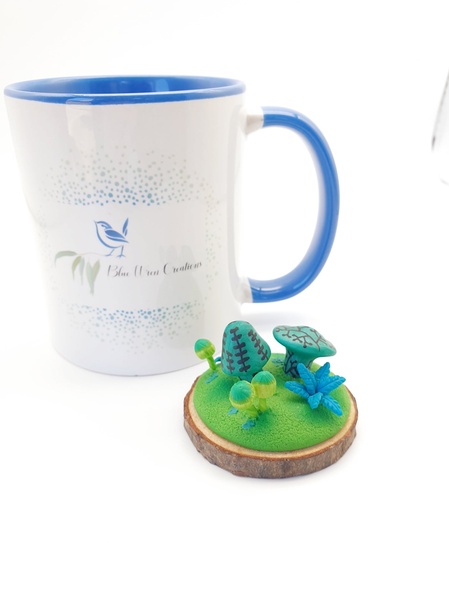 Mushroom forest fungi & fern sculpture - green mushrooms with black painted details