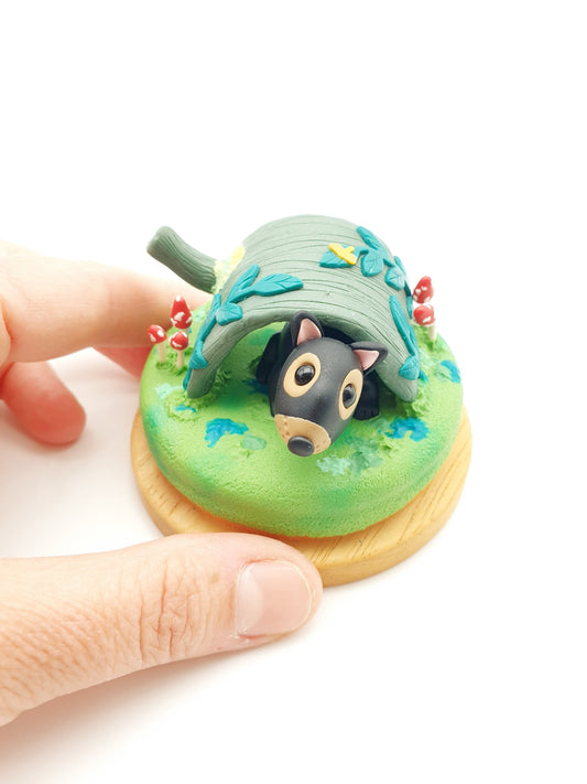 Tasmanian devil & dragonfly forest sculpture under glass cloche