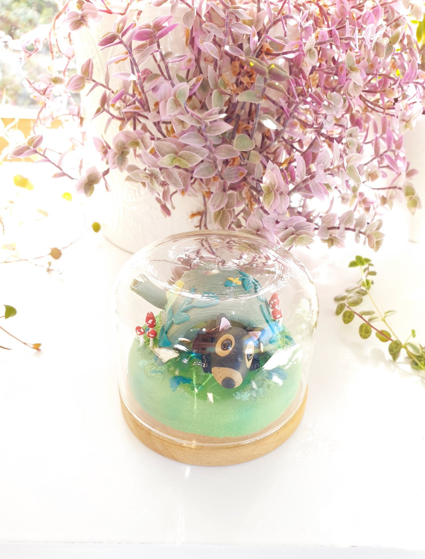 Tasmanian devil & dragonfly forest sculpture under glass cloche