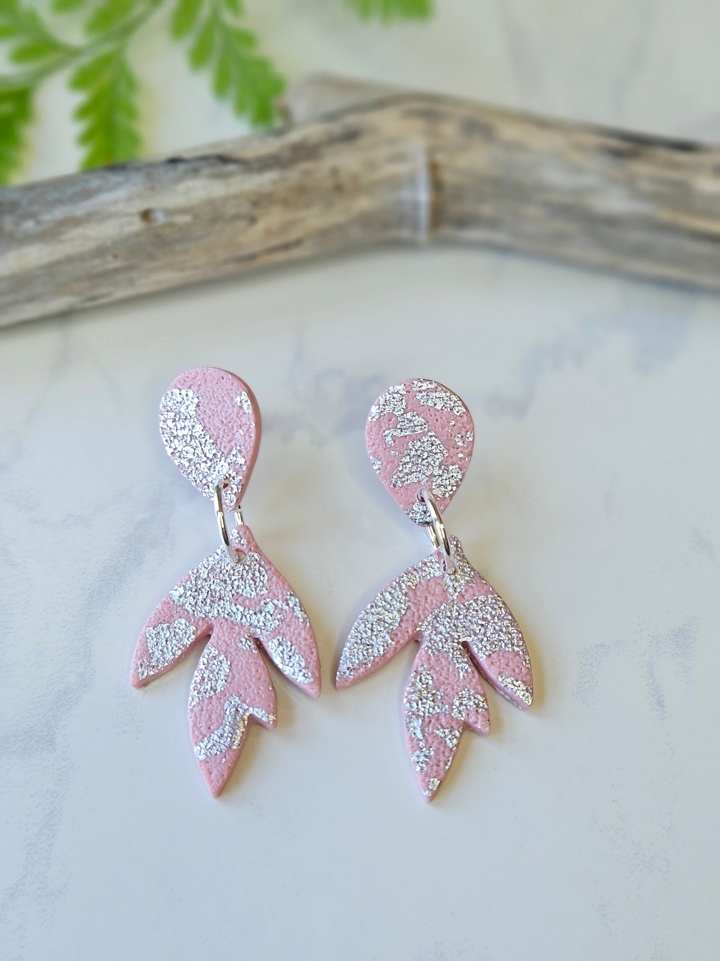 Earring dangles - pink sparkle leaves