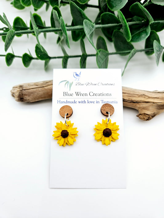 Earring dangles - yellow & wood sunflowers