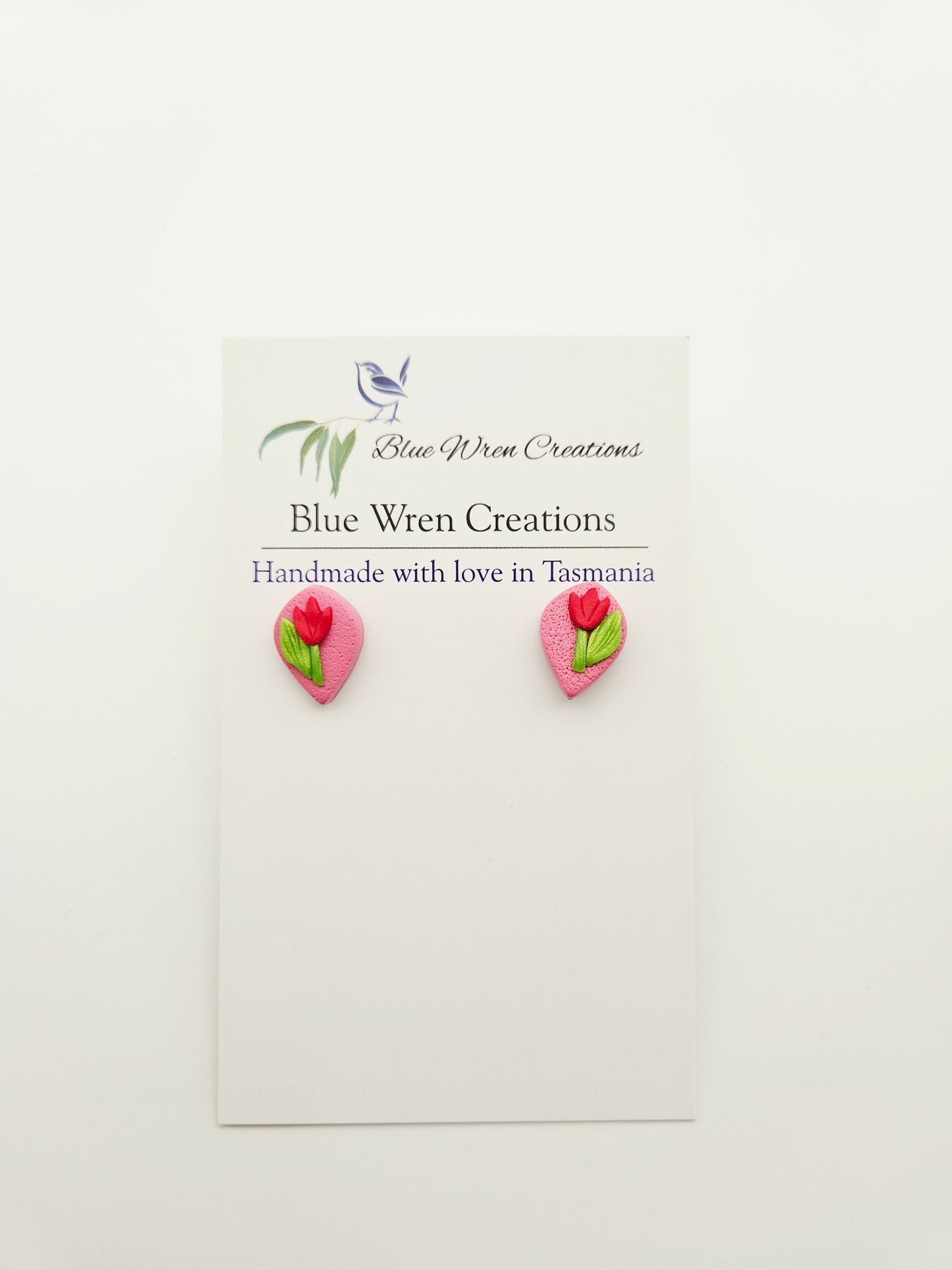 Earring studs - red tulips on pink