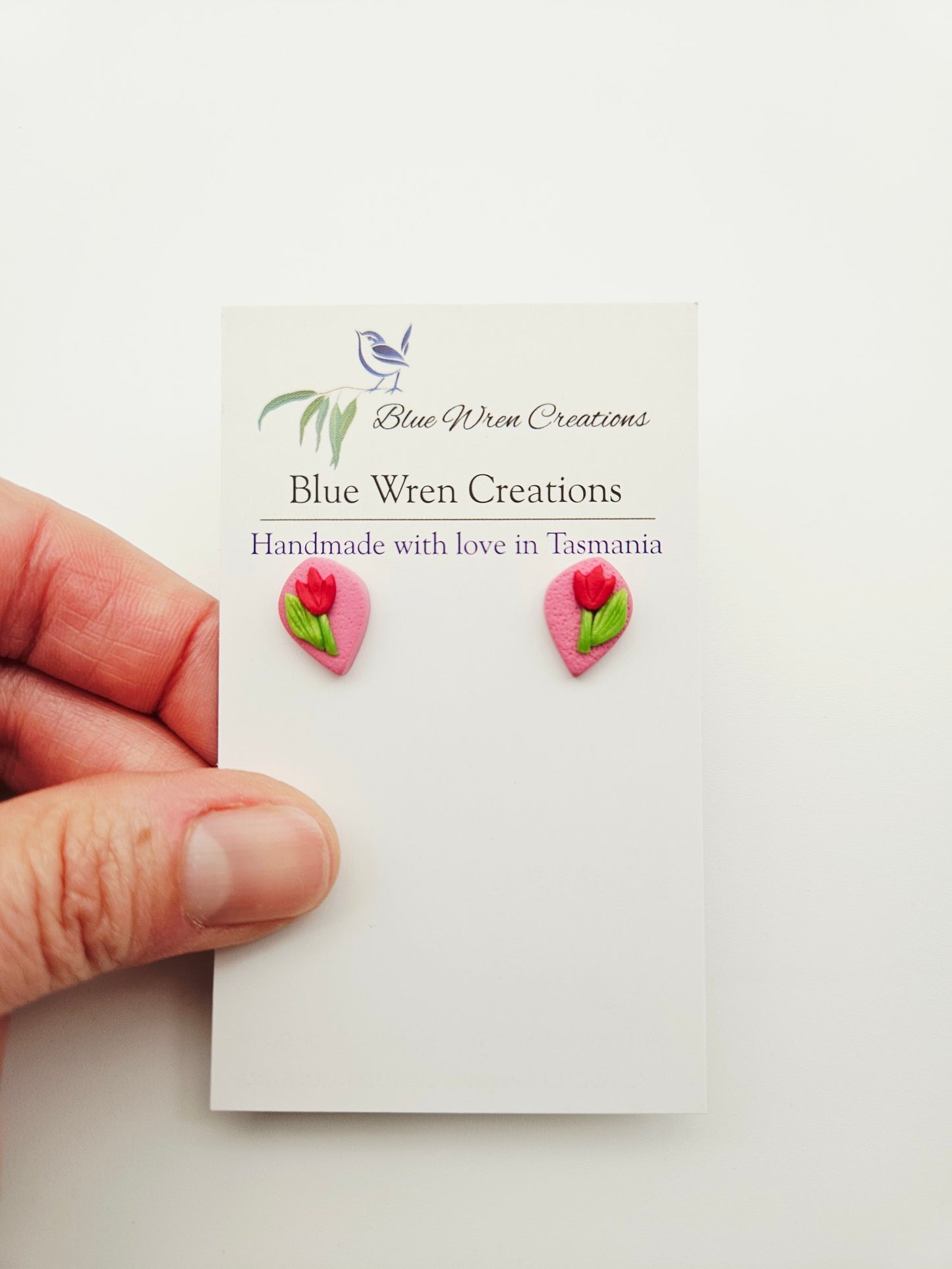 Earring studs - red tulips on pink