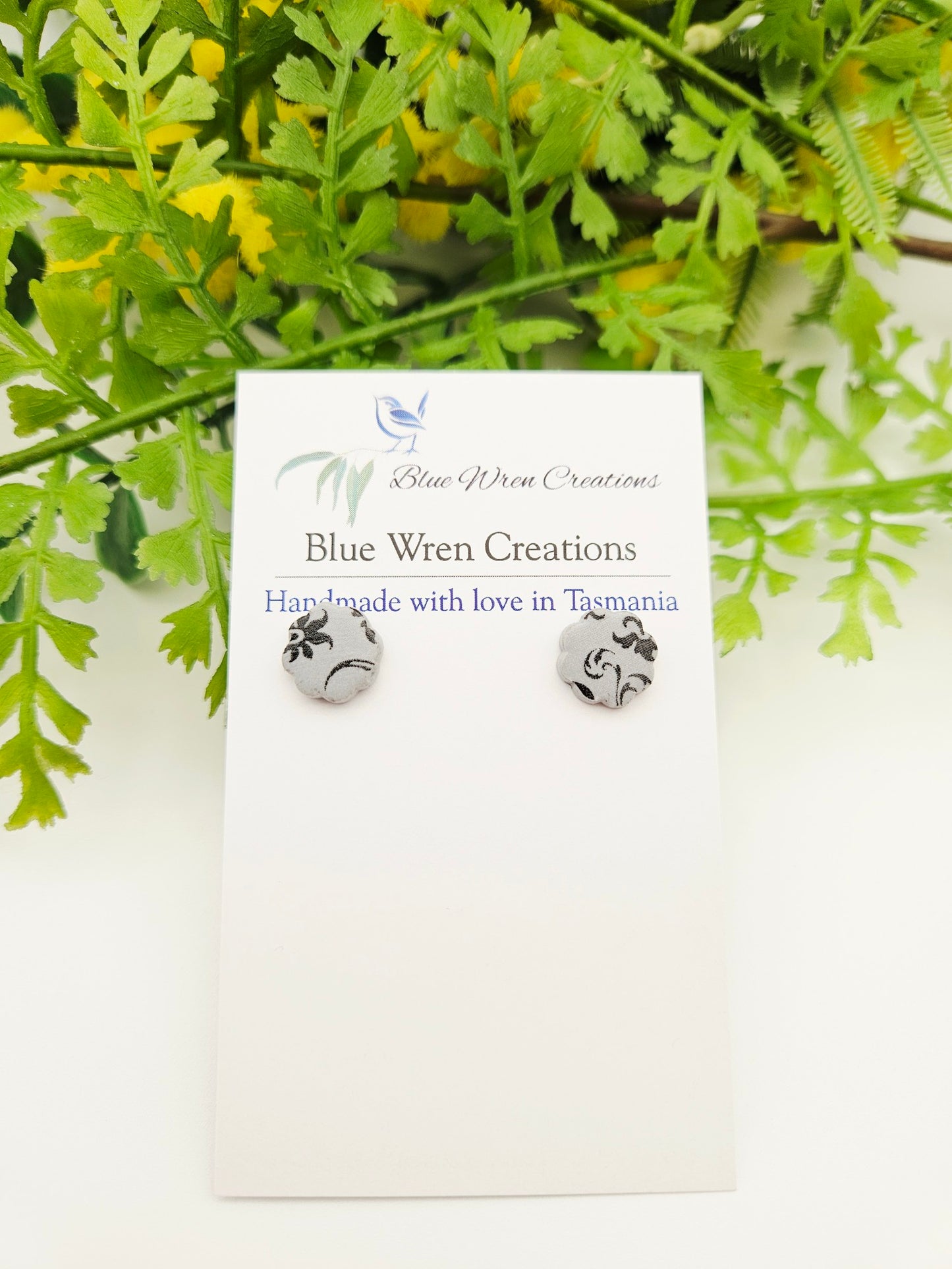 Earring studs - grey & black flowers