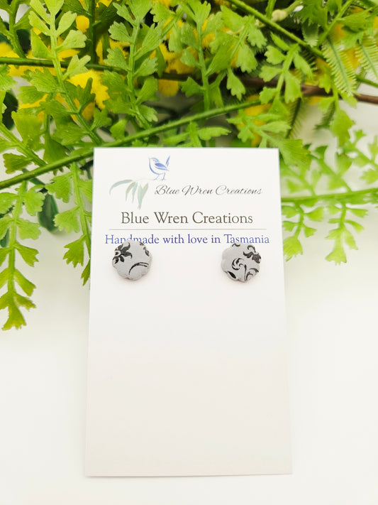Earring studs - grey & black flowers