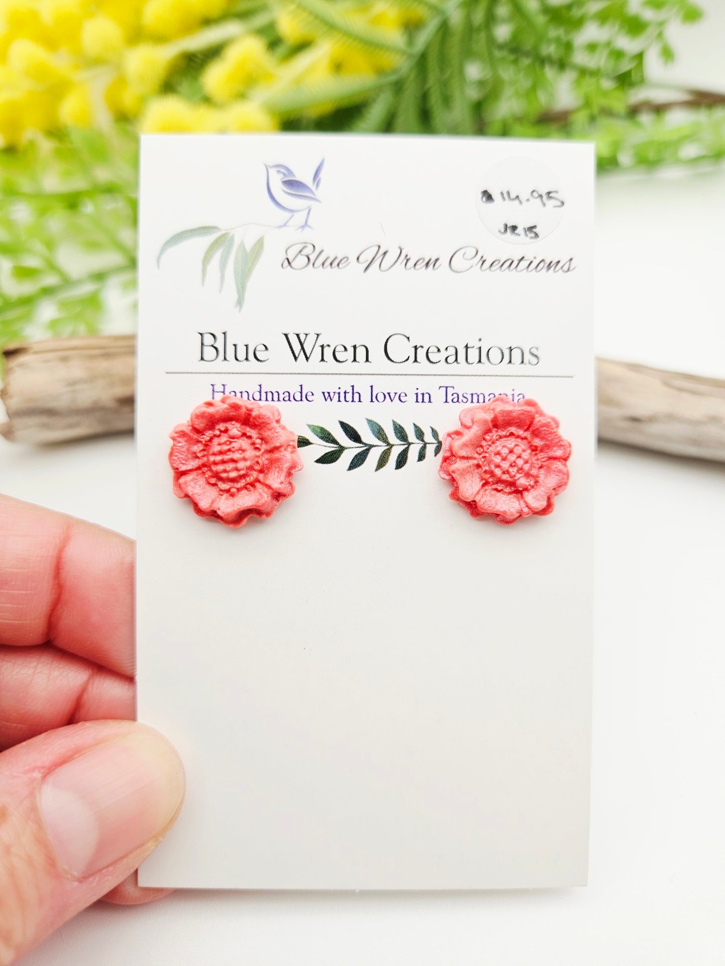 Earring studs - pink shimmery flowers
