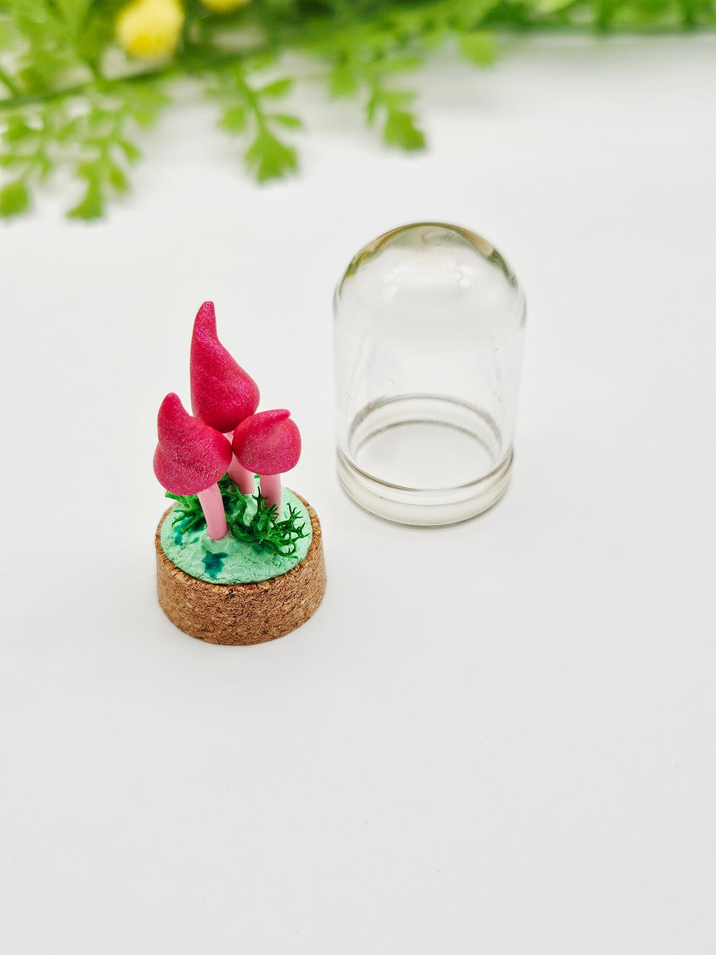 Mini pink mushroom trio under glass