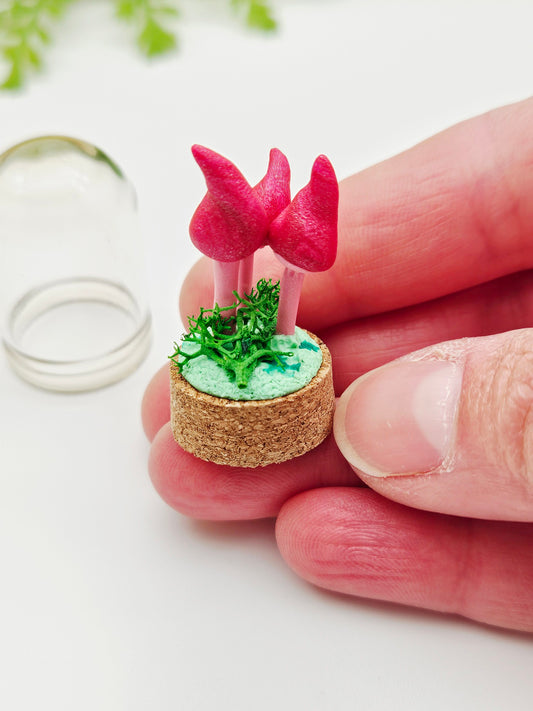 Mini pink mushroom trio under glass