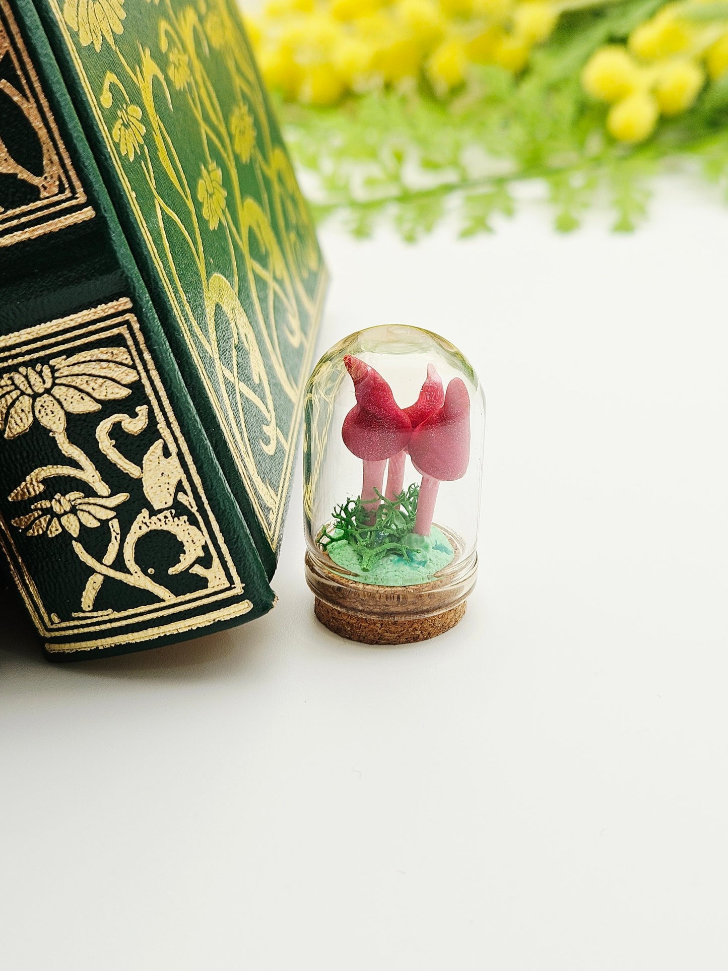 Mini pink mushroom trio under glass