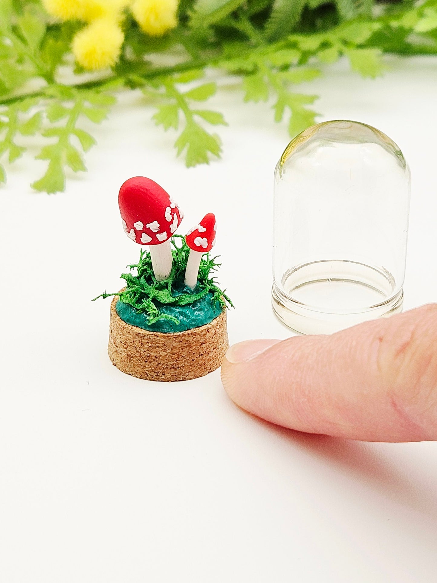 Mini amanita mushroom pair under glass