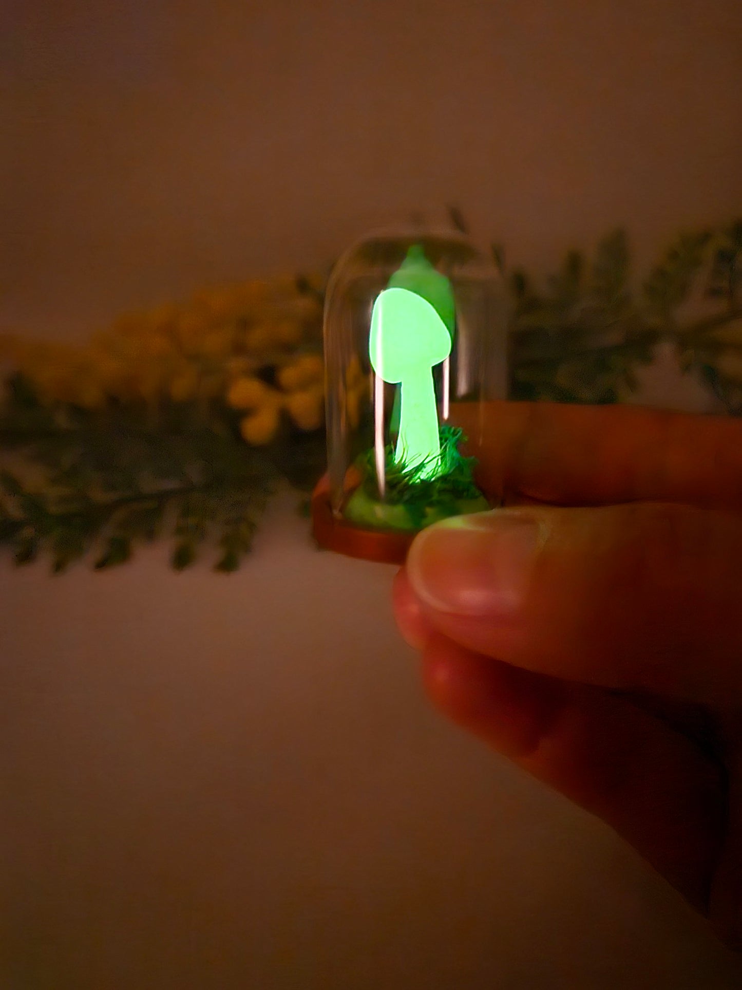 Glow in the dark mushroom under glass