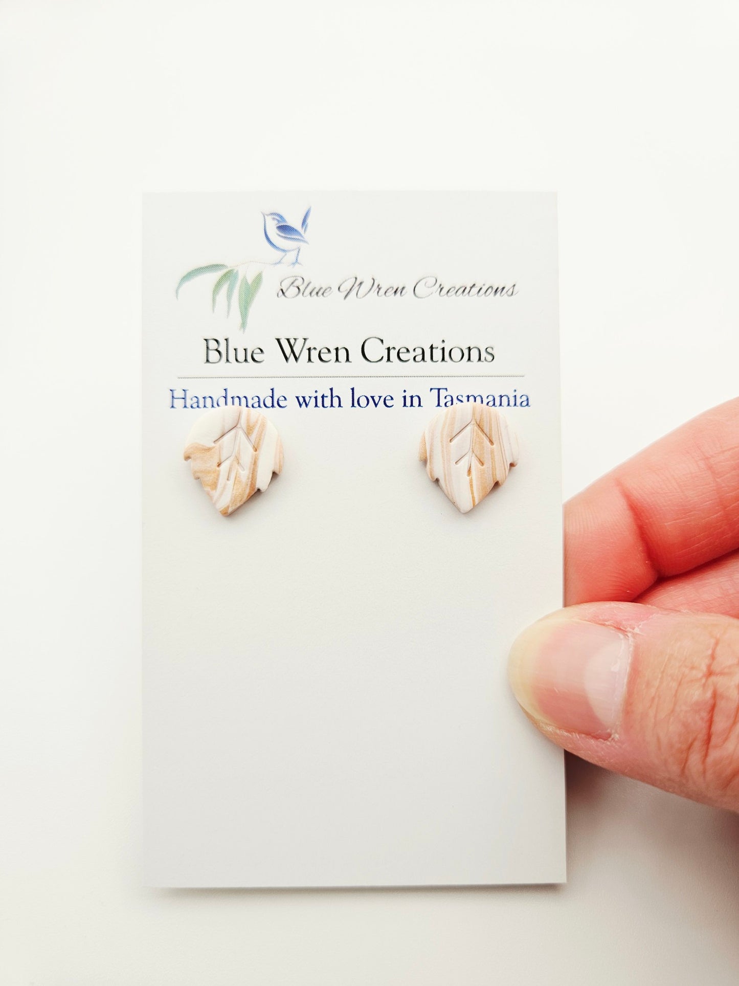 Earring studs - copper & white leaves