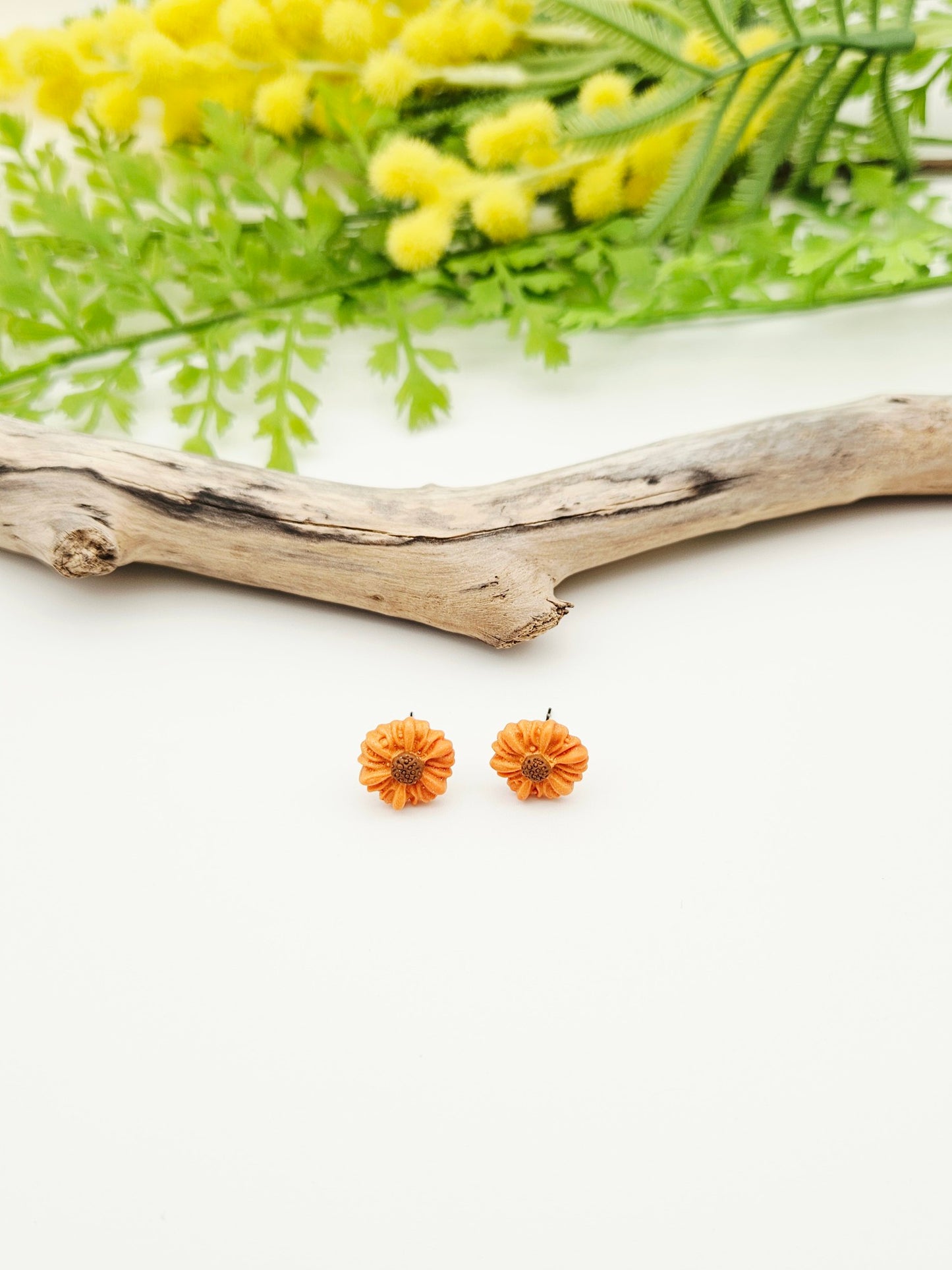 Earring studs - tiny orange sunflowers