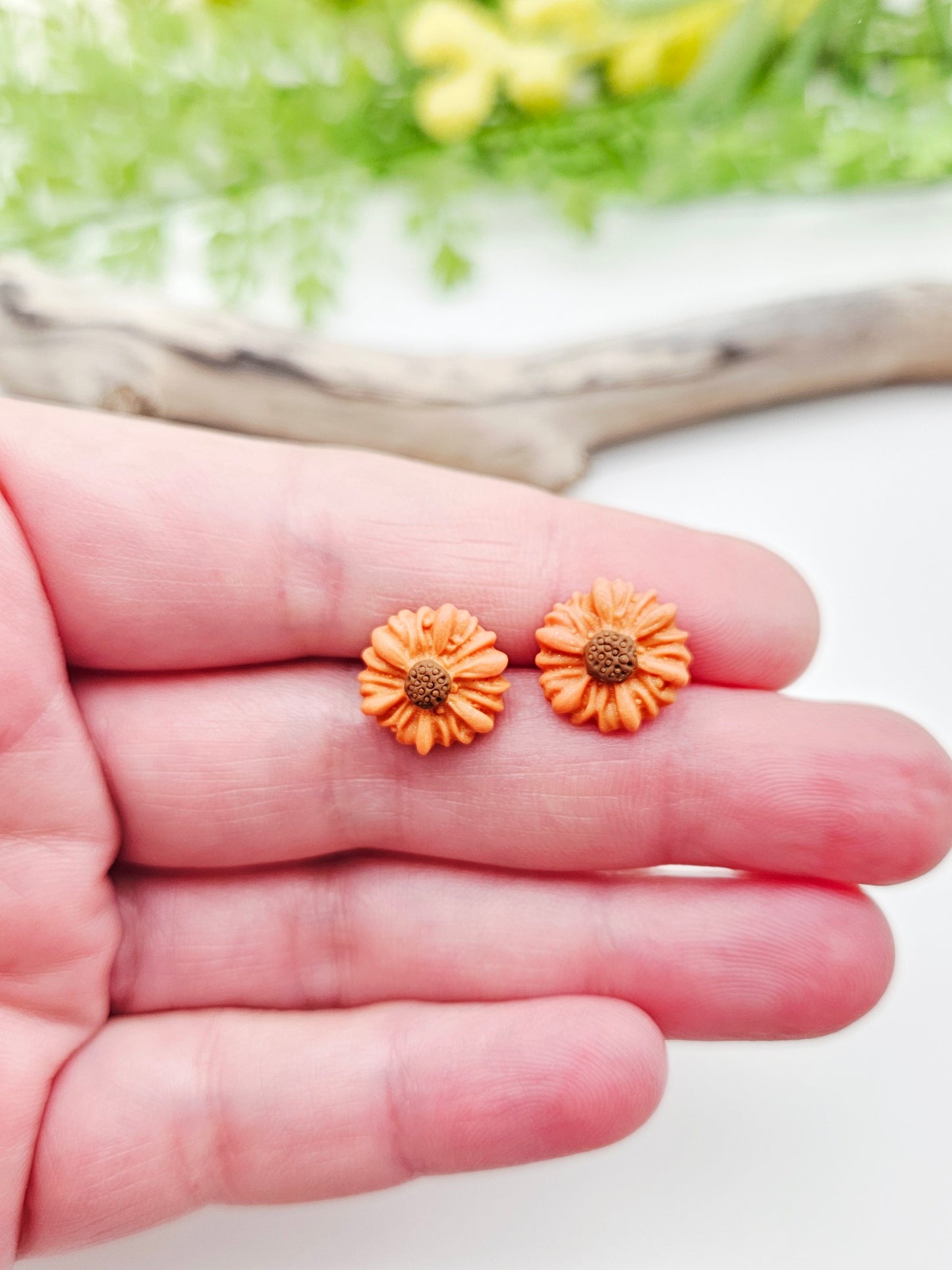 Earring studs - tiny orange sunflowers