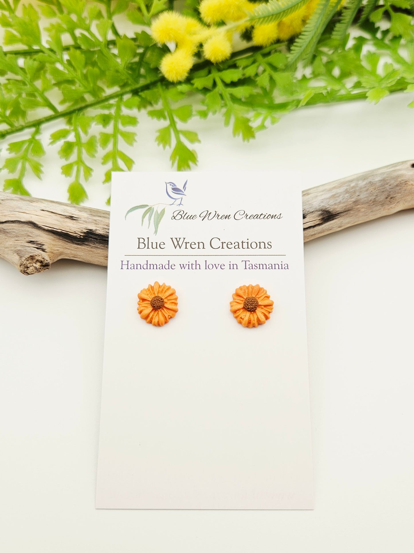 Earring studs - tiny orange sunflowers