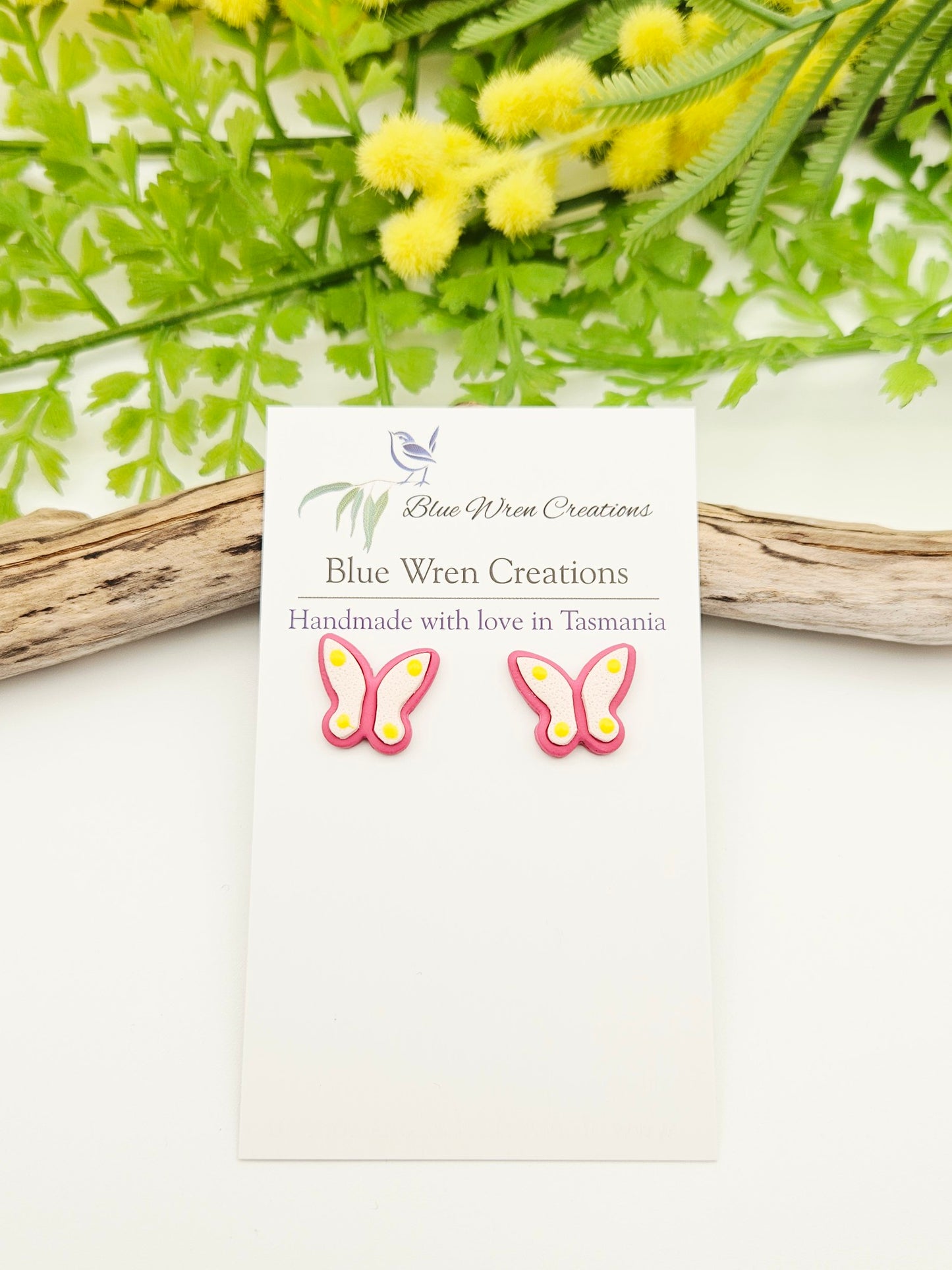 Earring studs - pink butterflies