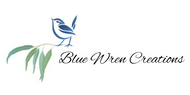 green gum leaves on the end of a branch with a small cute blue wren sitting on the branch with the words Blue Wren Creations written in script writing underneath the branch