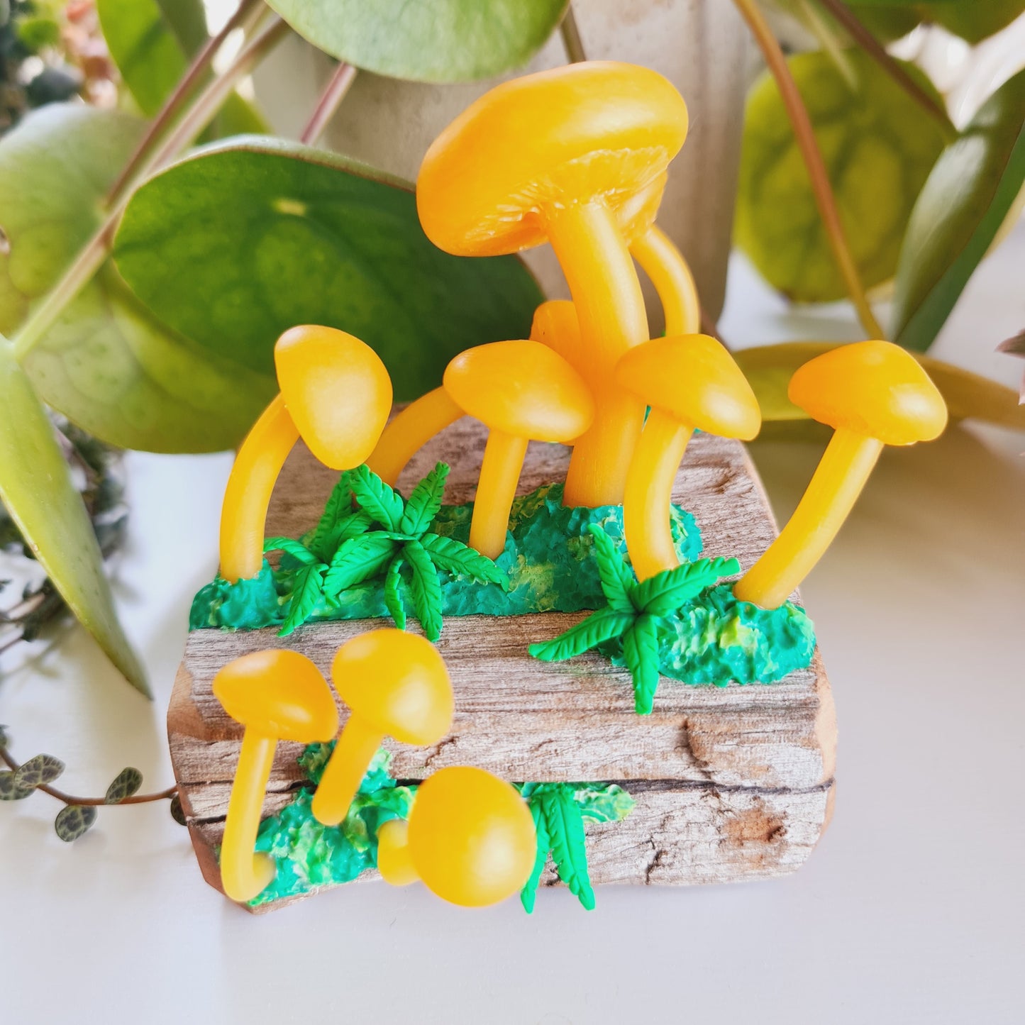 Mushrooms, ferns & moss log sculpture