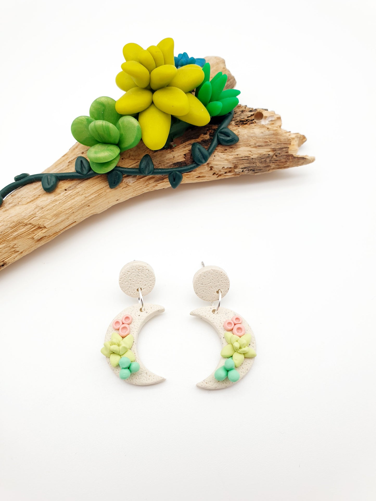 Earring dangles - moons with succulents